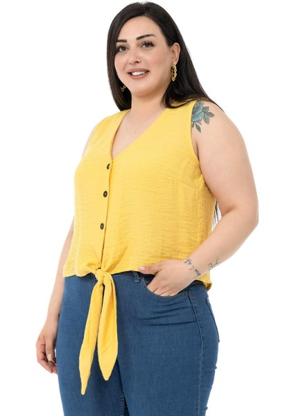 Büyük Beden Bağlama Detaylı Kolsuz Sarı Bluz fırsatları
