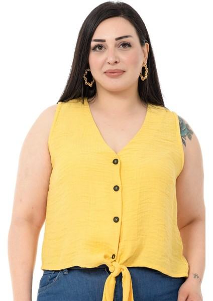 Büyük Beden Bağlama Detaylı Kolsuz Sarı Bluz indirimleri
