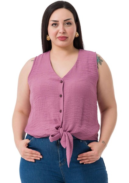 Büyük Beden Bağlama Detaylı Kolsuz Pudra Bluz fiyatları