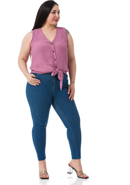 Büyük Beden Bağlama Detaylı Kolsuz Pudra Bluz fırsatları