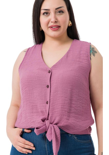 Büyük Beden Bağlama Detaylı Kolsuz Pudra Bluz indirimleri