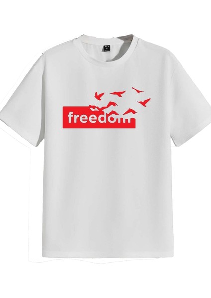 Freedom Yazılı Pamuklu Oversize Tişört. Özgürlük Yazılı ve Uçan Özgür Kuşlar Temalı Unisex Tişört