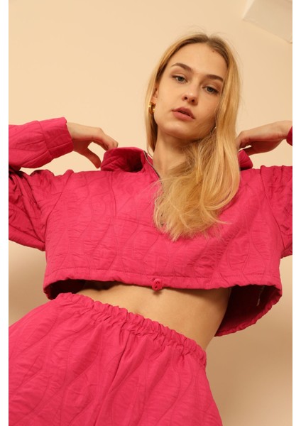 Jakar Kumaş Kapüşonlu Soğan Desen Kadın Crop Sweat-Fuşya fırsatları