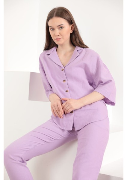 Müslin Kumaş Ceket Yaka Kadın Gömlek-Lila modelleri