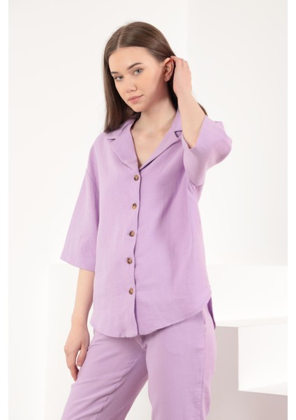 Müslin Kumaş Ceket Yaka Kadın Gömlek-Lila fırsatları