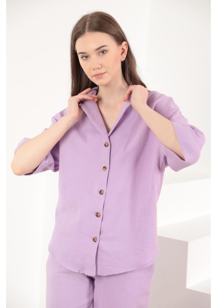 Müslin Kumaş Ceket Yaka Kadın Gömlek-Lila indirimleri