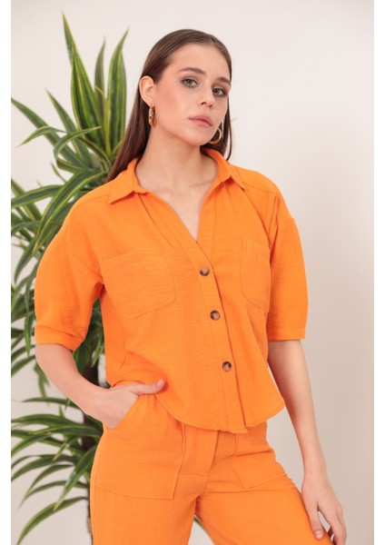 Keten Kumaş Crop Oversize Kadın Gömlek-Oranj