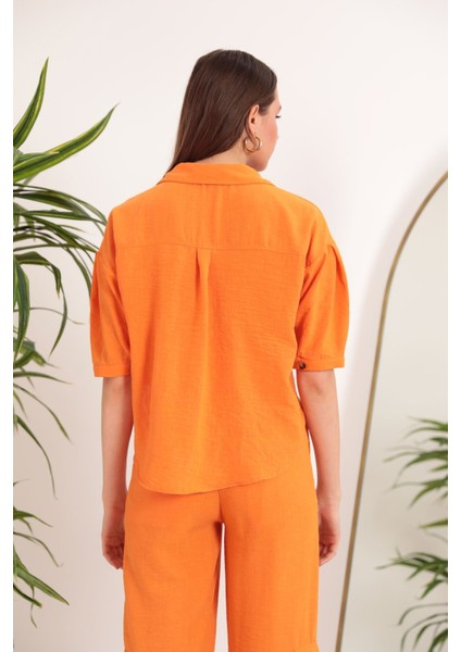 Keten Kumaş Crop Oversize Kadın Gömlek-Oranj