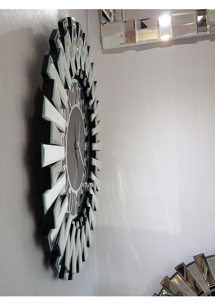 Güneş Silver Circle Black Model Gümüş Siyah Renk 85 Cm Dekoratif Aynalı Duvar Saati