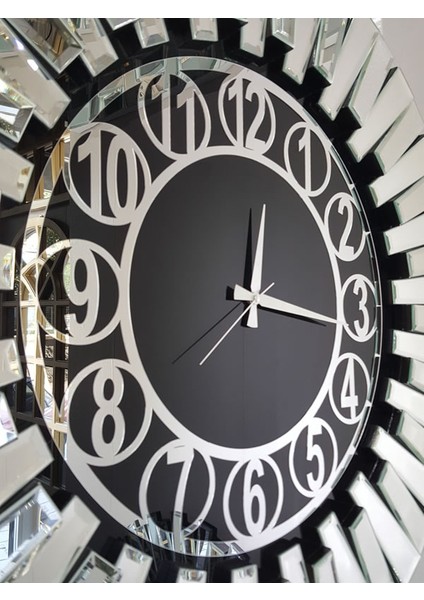 Güneş Silver Circle Black Model Gümüş Siyah Renk 85 Cm Dekoratif Aynalı Duvar Saati