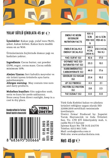 Yulaf Sütlü Vegan Çikolata 45 gr