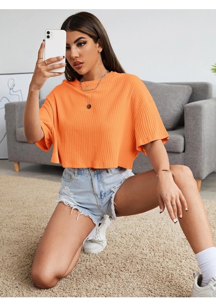 Kadın Oversize Penye Crop Bluz