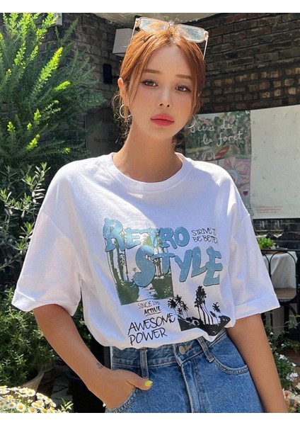 Kadın Retro Style Baskılı Oversize T-Shirt