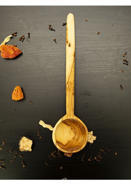 Doğal Ahşap Tek Parça Servis Kepçe 35 Cm Zeytin Ağacı El Yapımı