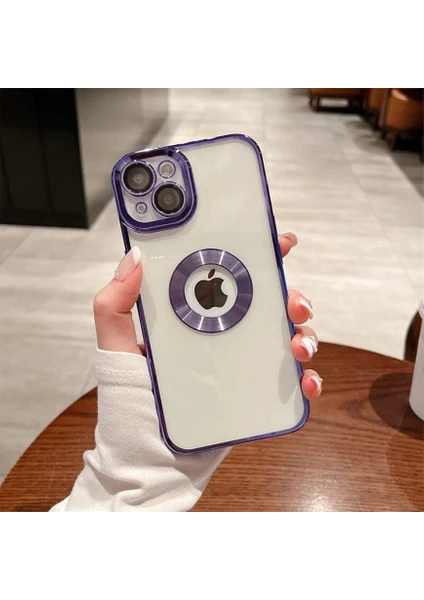 iPhone 14 Kılıf 5d Kamera Lens Korumalı Plating Logo Gösteren Kenarları Renkli Arkası Şeffaf Silikon