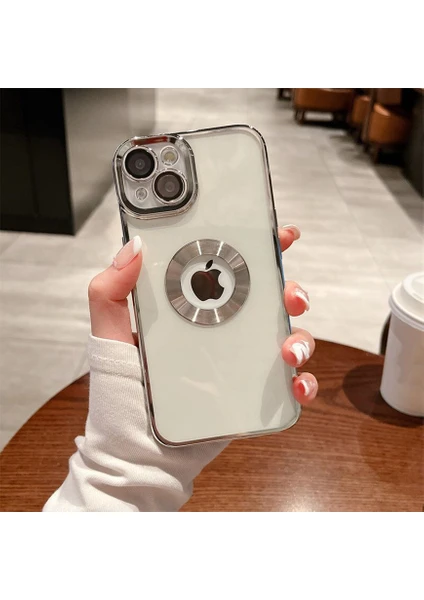 iPhone 14 Kılıf 5d Kamera Lens Korumalı Plating Logo Gösteren Kenarları Renkli Arkası Şeffaf Silikon