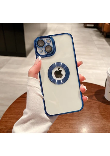 iPhone 14 Plus Kılıf 5d Kamera Lens Korumalı Plating Logo Gösteren Kenarları Renkli Arkası Şeffaf Silikon