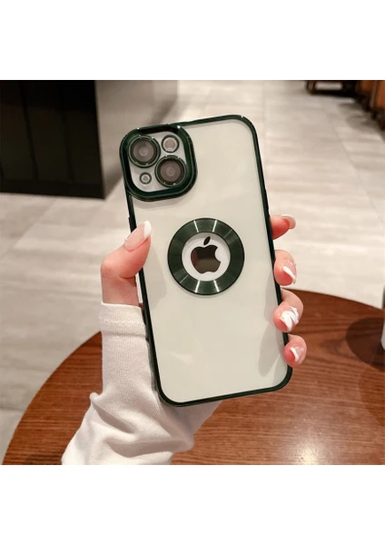 iPhone 14 Plus Kılıf 5d Kamera Lens Korumalı Plating Logo Gösteren Kenarları Renkli Arkası Şeffaf Silikon