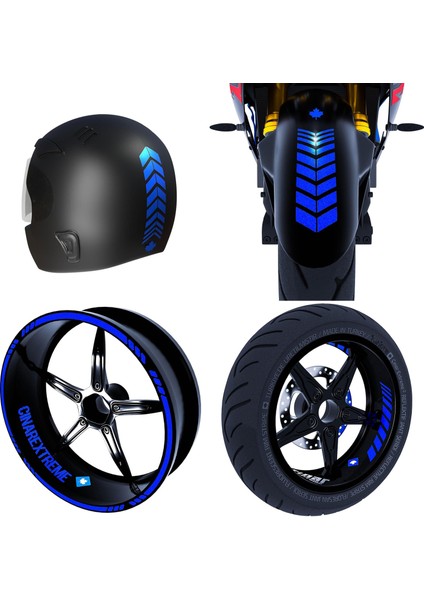 Moto Rider 4'lü Sticker Seti Reflektif Mavi Iç Dış Jant Şeridi Kask ve Çamurluk Çınar Extreme
