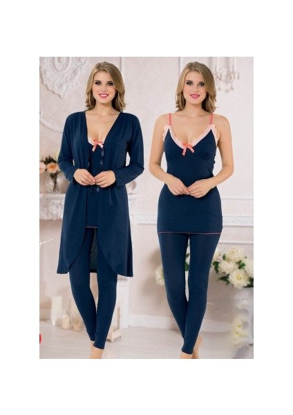 Kadın Dantel Detaylı 3'lü Sabahlıklı Pijama Takımı