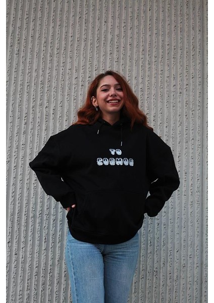 Cosmos Canada Puantiyeli Yazı Baskılı Oversize Hoodie Siyah