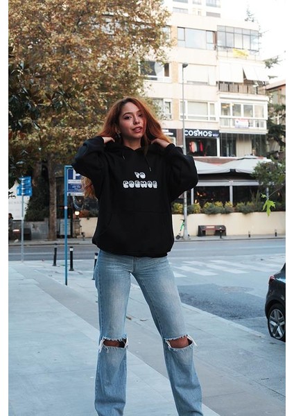 Cosmos Canada Puantiyeli Yazı Baskılı Oversize Hoodie Siyah fırsatları