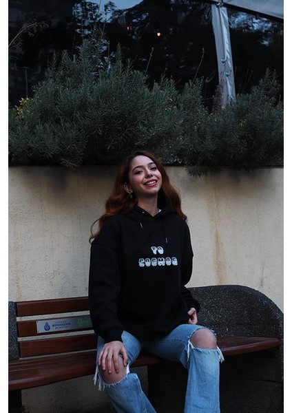 Cosmos Canada Puantiyeli Yazı Baskılı Oversize Hoodie Siyah indirimleri