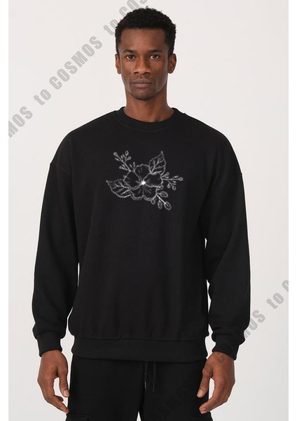 Flower Baskılı Siyah Erkek Sweatshirt