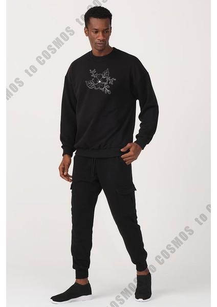 Flower Baskılı Siyah Erkek Sweatshirt modelleri