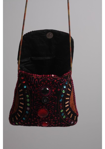 Taş El Işlemeli Özel Tasarım Kırmızı Pullu %100 Pamuklu Minik Omuz Çantası 105 fiyatları