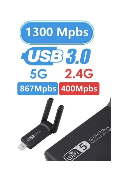 Dual Band USB 3.0 Adaptör Kablosuz Wifi Alıcı AC1300