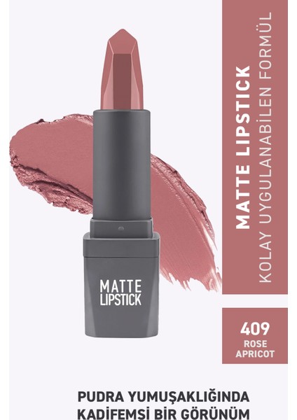 409 Rose Apricot Mat Ruj - Kuruma Yapmayan Pürüzsüz Dokunuş Kadifemsi Etki - Matte Lipstick