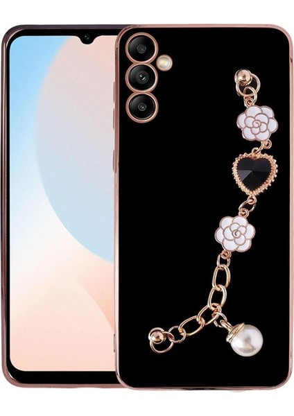 Galaxy A14 Kılıf Kalpli Çiçekli Bileklik Zincirli Kamera Korumalı Kenarları Silikon Kılıf