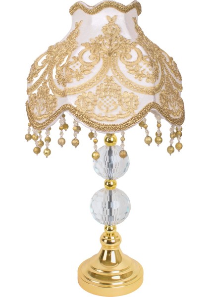 Ekru Kadife Fransız Dantel Kaplama Gold Kristal Ayak Klasik Abajur AB0455