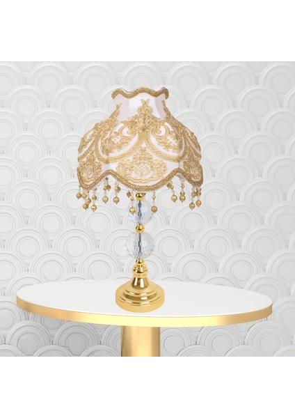 Ekru Kadife Fransız Dantel Kaplama Gold Kristal Ayak Klasik Abajur AB0455
