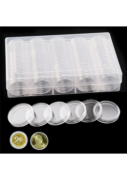 Lüx Madeni Para Saklama Kutusu ve 100 Adet Kapsül Bozuk Para Kapaması Seti 27 mm