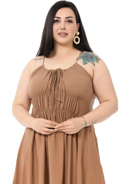 Büyük Beden Ip Askılı Beli Lastikli Vizon Uzun Elbise fiyatları