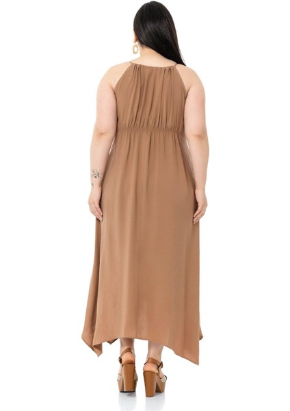 Büyük Beden Ip Askılı Beli Lastikli Vizon Uzun Elbise modelleri