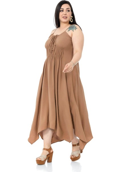 Büyük Beden Ip Askılı Beli Lastikli Vizon Uzun Elbise fırsatları