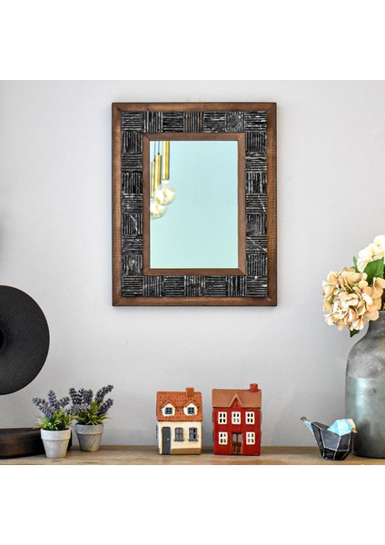 El Yapımı Masif Ahşap & Mistik Traverten Çerçeveli Duvar Aynası – 40x40 cm