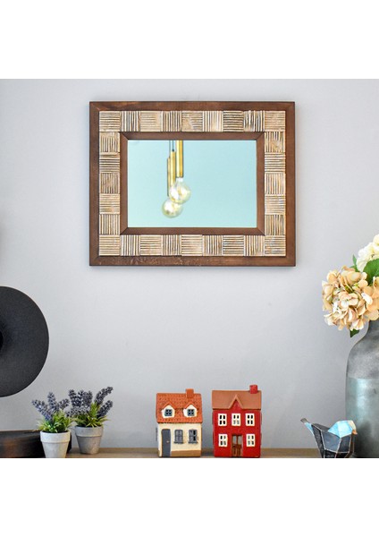 El Yapımı Masif Ahşap & Bej Mermer Çerçeveli Duvar Aynası – 40x50 cm