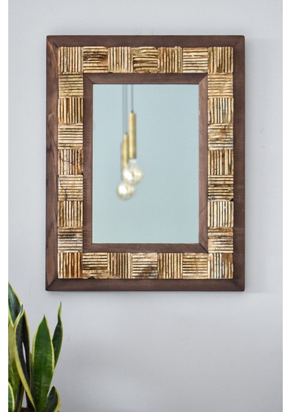 El Yapımı Masif Ahşap & Mistik Traverten Çerçeveli Duvar Aynası – 40x50 cm