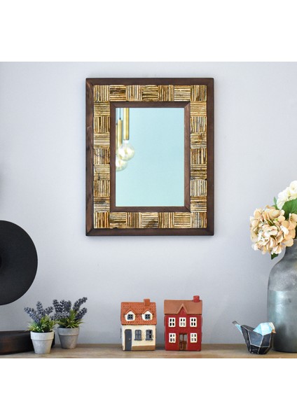 El Yapımı Masif Ahşap & Mistik Traverten Çerçeveli Duvar Aynası – 40x50 cm