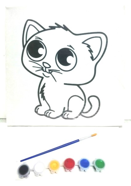 Resimli Tuval 10 x 10CM Masum Kedi 6lı Boya, Fırça Boyama Seti