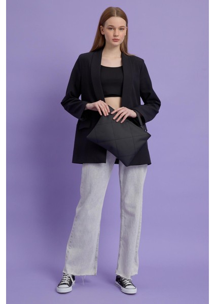 Kadın Siyah Deri Kapitone Clutch El Çantası