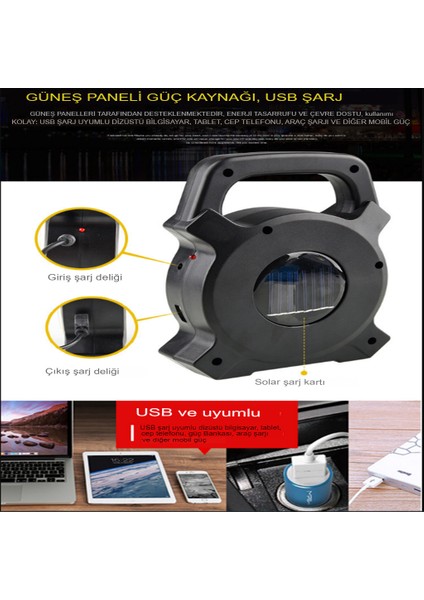 Solar Şarj Edilebilir USB Şarjlı Ledli Uzun Menzilli Kamp Lambası Kamp Tipi Çok Fonksiyonlu Işıldak Fener