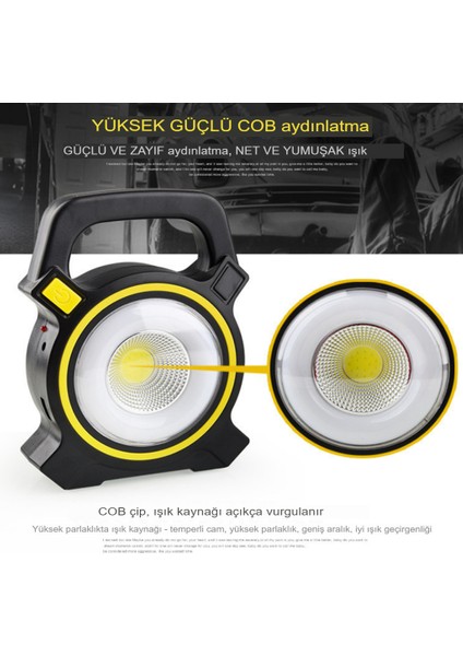 Solar Şarj Edilebilir USB Şarjlı Ledli Uzun Menzilli Kamp Lambası Kamp Tipi Çok Fonksiyonlu Işıldak Fener