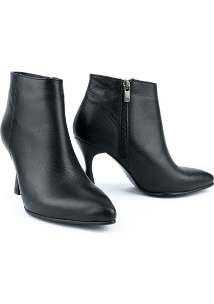 Modern Klasik Sade Topuklu Stiletto Deri Bot Siyah