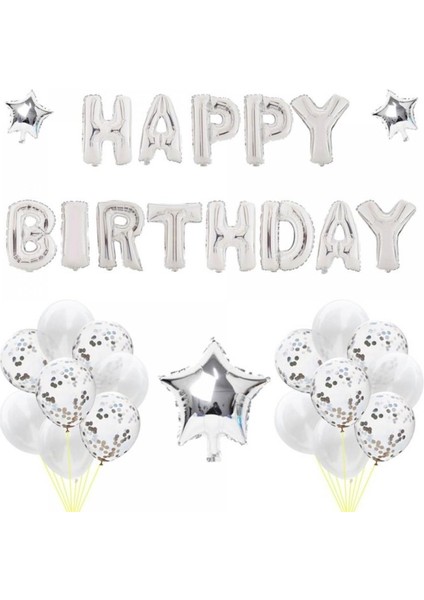 Happy Bırtday Gümüş Konfetili Balon Seti