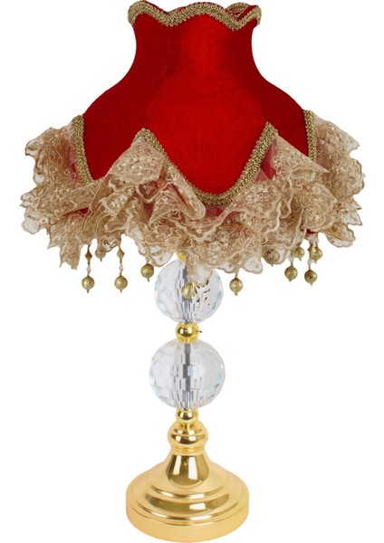 Kırmızı Kadife Abajur Kumaş Dantel Süsleme Gold Kristal Ayak AB0870